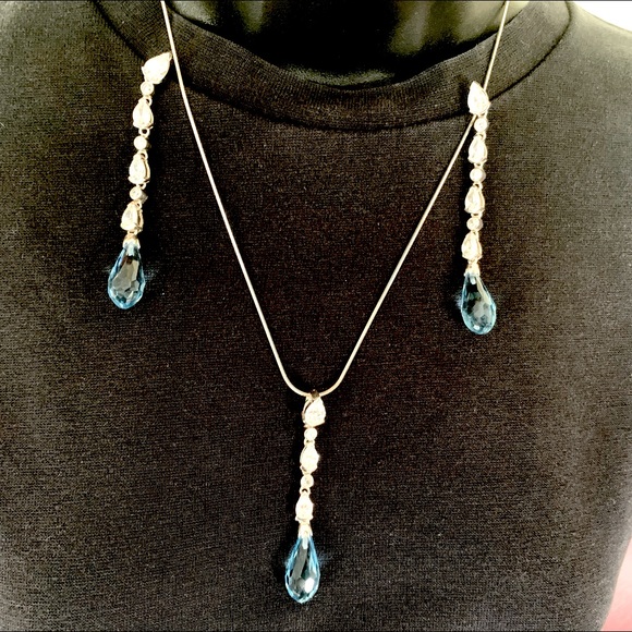 Sterling Silver jewelry set Necklace & long Dangle Earring blue gem stone zircon - Picture 3 of 9